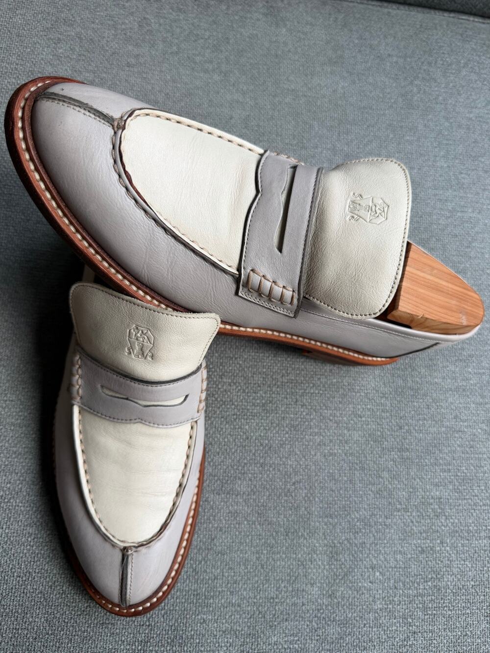 Brunello Cucinelli Leather Women's Loafer Grey Cream Classic Womens Sz 38.5/8.5